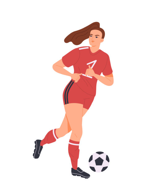 强壮的女性足球运动员踢球扁平矢量插画图片下载