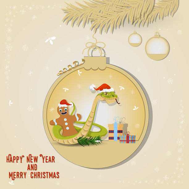 新年圣诞节主题插画：蛇缠绕姜饼人在圣诞树彩球上图片下载