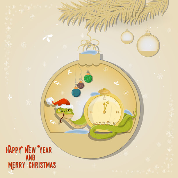 新年和圣诞节插画：蛇缠绕在挂在树枝上的圣诞树球里的时钟图片下载