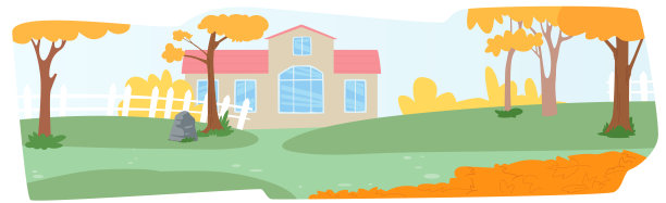 秋天树叶的迷人庭院，特色是带有白色栅栏的温馨小屋、多彩的树木和一堆落叶图片下载