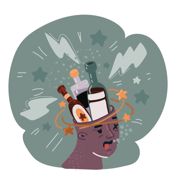 宿醉男子早晨醒来头痛难忍矢量插画：中年醉酒男子宿醉图片下载