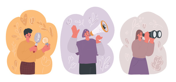 女性角色手持灯泡、望远镜、放大镜和扩音器矢量插画图片下载