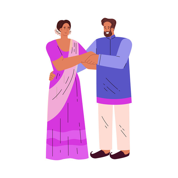 印度人物穿着传统婚礼服装的矢量插图，背景为纯色。图片下载