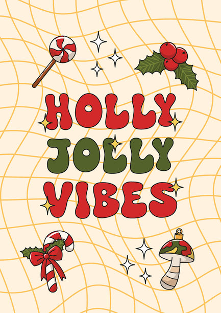 冬青圣诞快乐氛围圣诞贺卡，带冬青树枝、玩具、糖果和蘑菇新年海报banner矢量素材图片下载