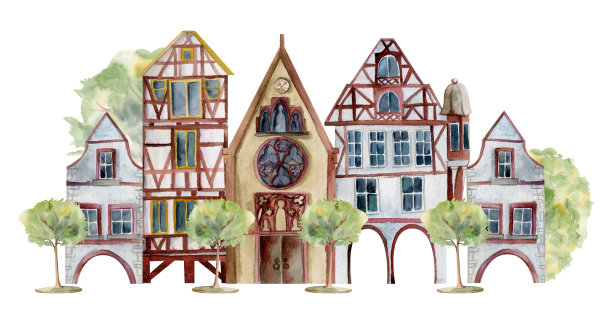 欧洲古城街道房屋教堂水彩插画图片下载