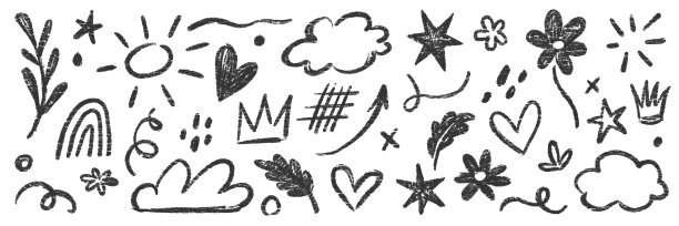 儿童蜡笔手绘黑色矢量素材。蜡笔铅笔云、花朵、箭头元素涂鸦黑色笔刷手绘涂鸦设计。儿童粉笔铅笔风格涂鸦元素。矢量图片下载