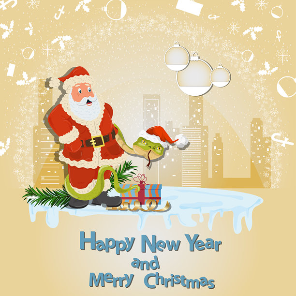 新年圣诞插画：蛇缠绕着圣诞老人，背景是雪花和城市图片下载