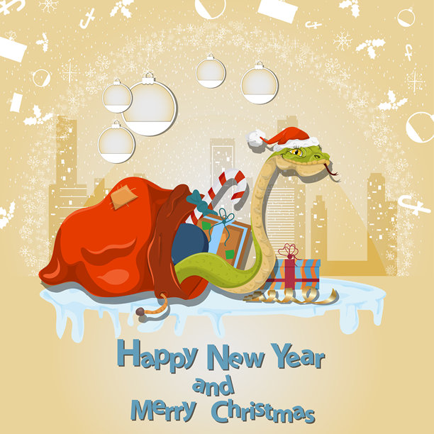新年圣诞插画：蛇从礼物袋里爬出，背景是雪花和城市图片下载