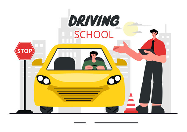 驾校矢量插画：汽车培训与驾驶学习的教育过程，在背景中获得驾驶执照图片下载