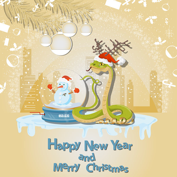 新年圣诞插画：蛇与雪花环绕的玻璃球，城市背景图片下载