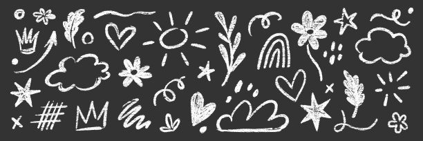儿童蜡笔手绘黑色矢量素材。蜡笔铅笔云、花朵、箭头元素涂鸦黑色笔刷手绘涂鸦设计。儿童粉笔铅笔风格涂鸦元素。矢量图片下载