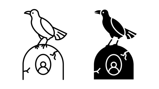 线性图标。万圣节乌鸦栖息在墓碑上，墓碑上有已故者的照片和生卒日期，位于墓地。简单的黑白矢量图，独立于白色背景。图片下载