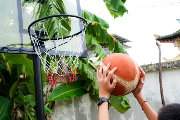 男孩在后院运动区的篮球架上投篮的照片图片下载