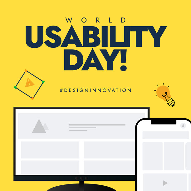 世界可用性日暨世界用户体验日庆祝社交媒体banner，含显示器、智能手机屏幕原型和灯泡图标矢量插画图片下载