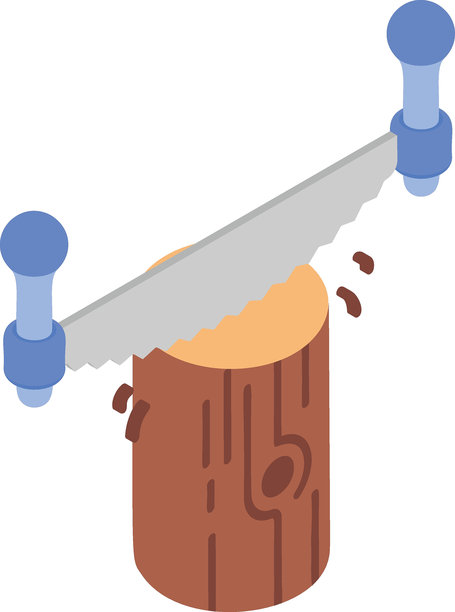 两名男子锯子从上到下切割树干的等距概念，伐木工人村庄派对矢量图标设计，木材和木料符号，森林砍伐产品标志，锯木厂和锯木工作插图图片下载