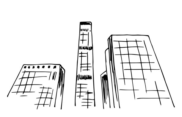 简单的手绘矢量图，黑色轮廓，墨水素描。城市景观透视，玻璃摩天大楼，办公商务中心，高层建筑，塔楼。图片下载