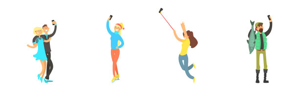 人物角色用智能手机拍自拍和照片的矢量图集图片下载