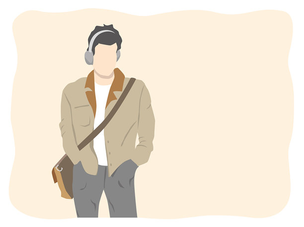 无忧无虑的年轻男子，双手插口袋，现代休闲，背着皮革斜挎包，佩戴耳机。矢量插图图片下载
