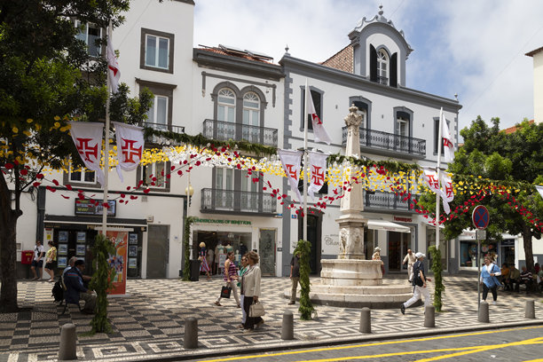 人们走在丰沙尔市中心装饰温馨的繁华商业街上，街道沿着历史悠久的喷泉图片下载