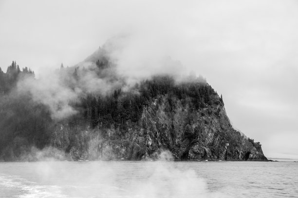 一张黑白照片，展示了肯奈峡湾国家公园的岛屿和岩石 formations，拍摄于低云和雾气弥漫的日子。图片下载