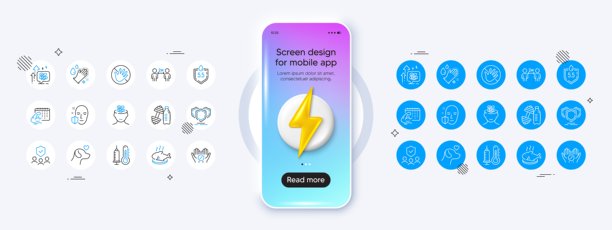 焦虑、盾牌和禁止触摸线条图标，适用于Web应用程序、打印。带有3D能量图标的手机模型。矢量素材图片下载