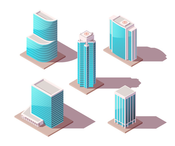 等距城市摩天大楼、商务办公楼和商业塔楼的集合。矢量低多边形建筑组，包含金融城市景观建筑和用于地图创建的3D街道元素。图片下载