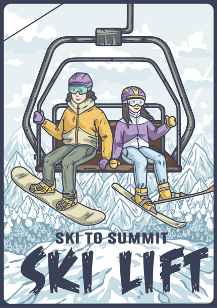 一对情侣乘坐滑雪缆车前往山顶，准备滑雪和单板滑雪。图片下载