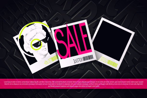 现代复古风格的黑色星期五。阿波罗佩戴像素化眼镜的宝丽来照片，背景为现代抽象3D图形的空白空间。创意时尚的广告海报或模板。图片下载