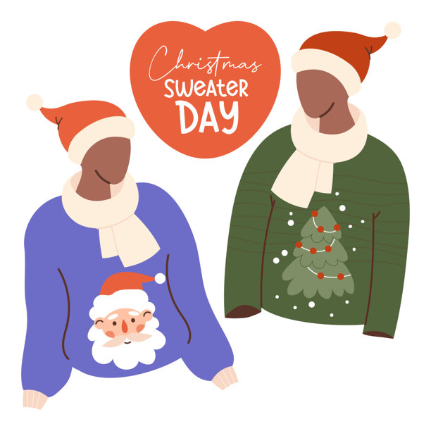 假日圣诞毛衣日贺卡。新年模特戴着圣诞老人帽，穿着带有树和圣诞老人肖像的丑陋圣诞毛衣。孤立的节日服装。矢量插图。图片下载