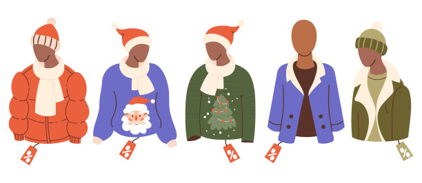 假日季节促销，购物。新年模特穿着冬季时尚服装、休闲服和圣诞丑陋毛衣，附有价格标签。孤立的时尚单品假日礼物。矢量插图。图片下载