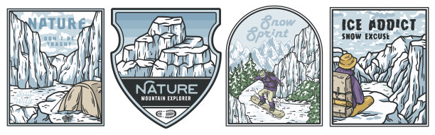 复古单色插图合集：滑雪者和登山者图片下载