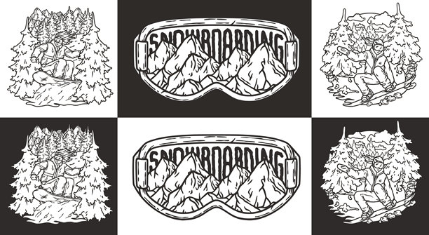 单色插画：滑雪者穿梭雪林，滑雪镜中可见山脉图片下载