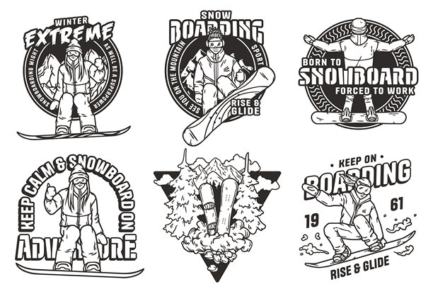 复古风格单板滑雪激情，冬季运动爱好者山地探险图片下载