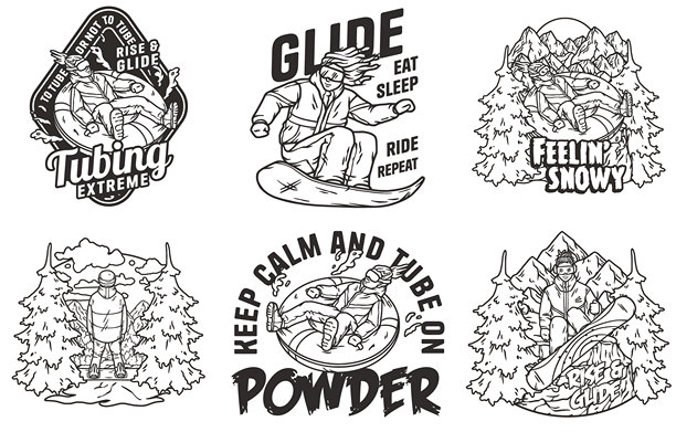 六款复古徽章：雪地滑雪者和轮胎，鼓舞人心的标语，黑白设计增添经典气息，雪山和松树，适合探险者图片下载