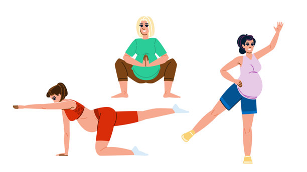 孕妇瑜伽健身锻炼矢量图图片下载