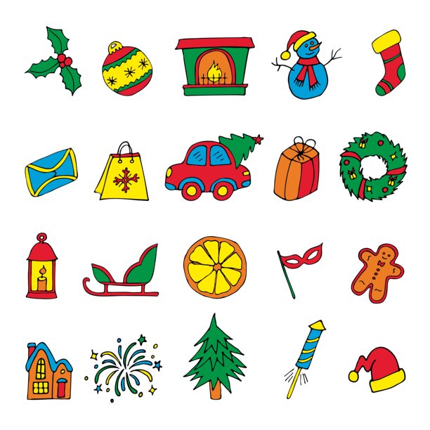 一组在白色背景上手绘的彩色新年图片。图片下载