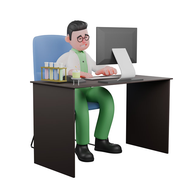 坐在办公桌前打字的男生物学家3D插画：生态学图片下载