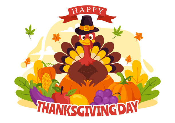 感恩节火鸡、南瓜和树叶扁平风格卡通背景矢量插画图片下载