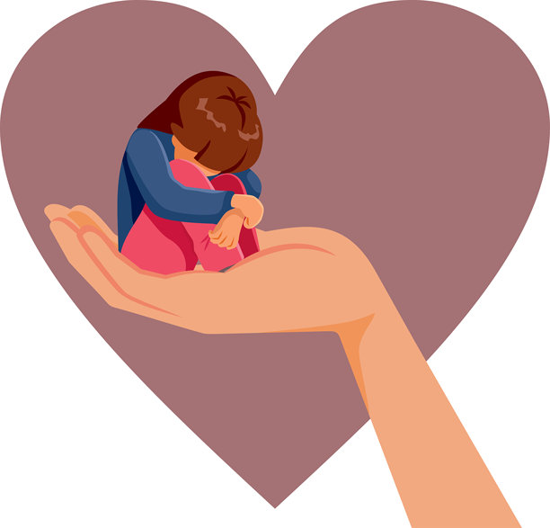 悲伤的孩子被保护之手救助矢量插画图片下载