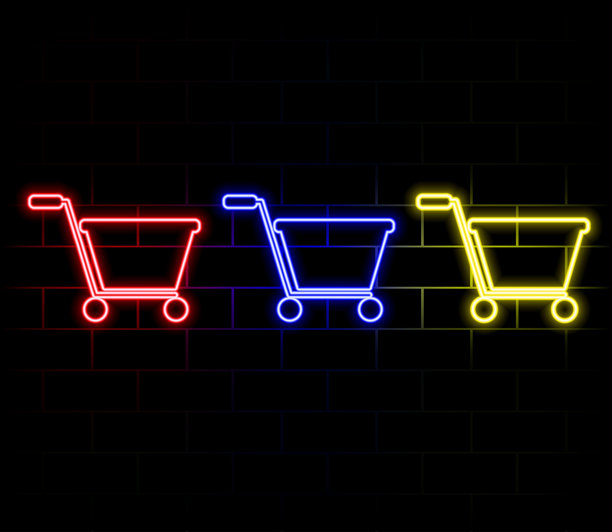 霓虹灯购物车，购物篮霓虹灯组合，在线购物标志矢量素材图片下载