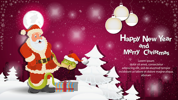 新年圣诞插画：蛇缠绕着雪地树林中的圣诞老人图片下载