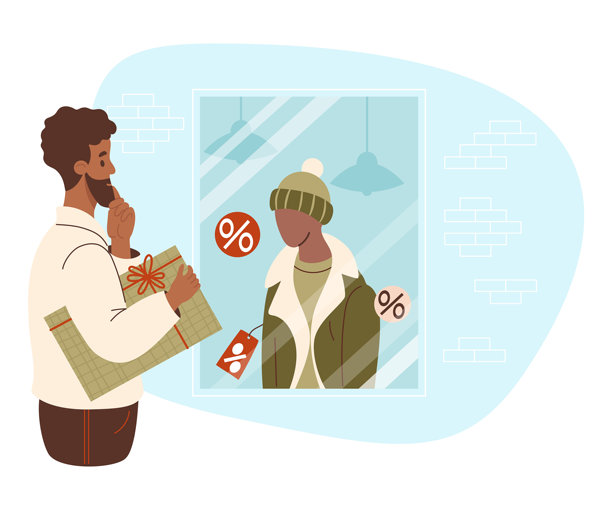 带胡子的黑人男性在商店橱窗前，手里拿着礼物，橱窗里有一个穿着冬季服装的模特，戴着帽子、围巾和外套，正在促销。节日促销，购物礼物和衣物。矢量插图。图片下载