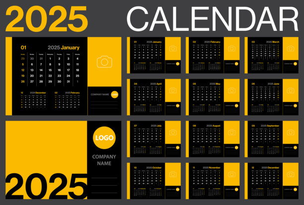 日历2025月-极简主义风格的企业景观水平日历2025年-矢量模板与照片和个性化的地方-美国网格-一周开始于周日图片下载