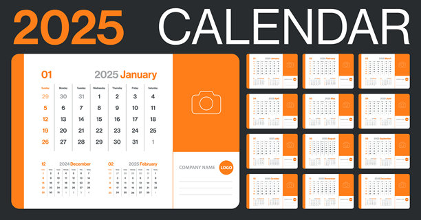 日历2025月-极简主义风格的企业景观水平日历2025年-矢量模板与照片和个性化的地方-美国网格-一周开始于周日图片下载