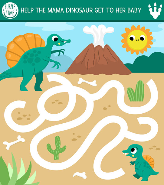 简单的恐龙迷宫与可爱的动物和古老的世界景观的孩子。史前广场学前印刷活动。恐龙乐园迷宫游戏，解谜。帮助棘龙找到它的孩子图片下载