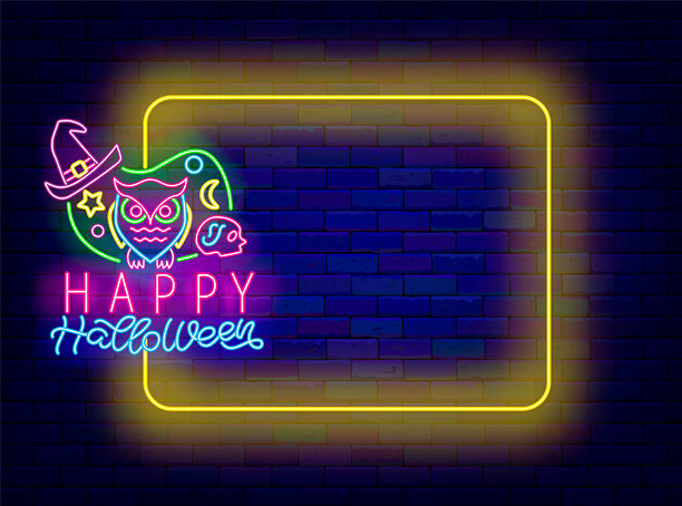 万圣节快乐霓虹灯邀请函。销售和派对模板。黄色空框架和文本。矢量素材图片下载