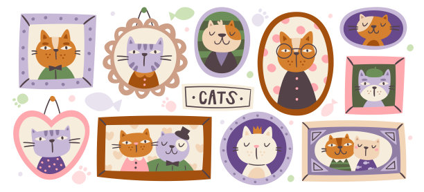 可爱快乐的猫家庭，不同的猫人物肖像框和墙上难忘的照片图片下载