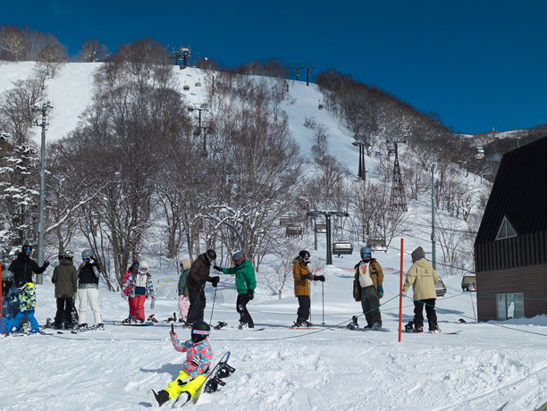 北海道二世古安努普里滑雪度假村下坡道上的滑雪者和单板滑雪者图片下载