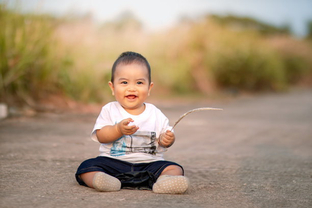 可爱的亚洲宝宝坐在路上。小男孩微笑着，手里拿着野草，穿着白衬衫，面向镜头。照片的氛围是在下午。图片下载