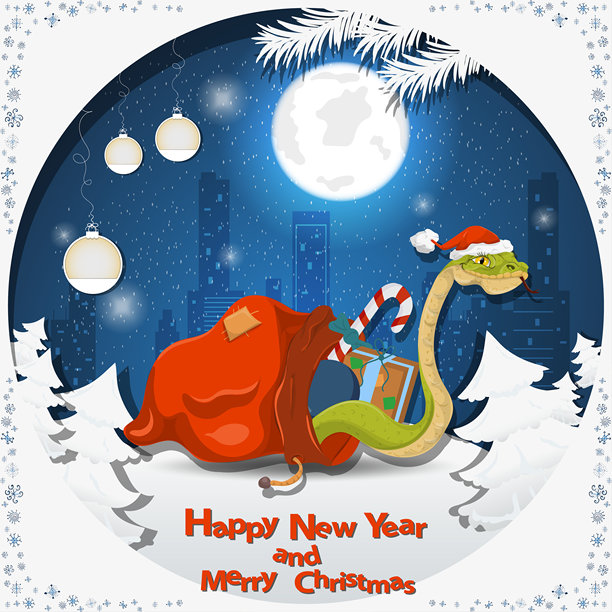 新年圣诞节插画：雪地中蛇从礼物袋里爬出图片下载